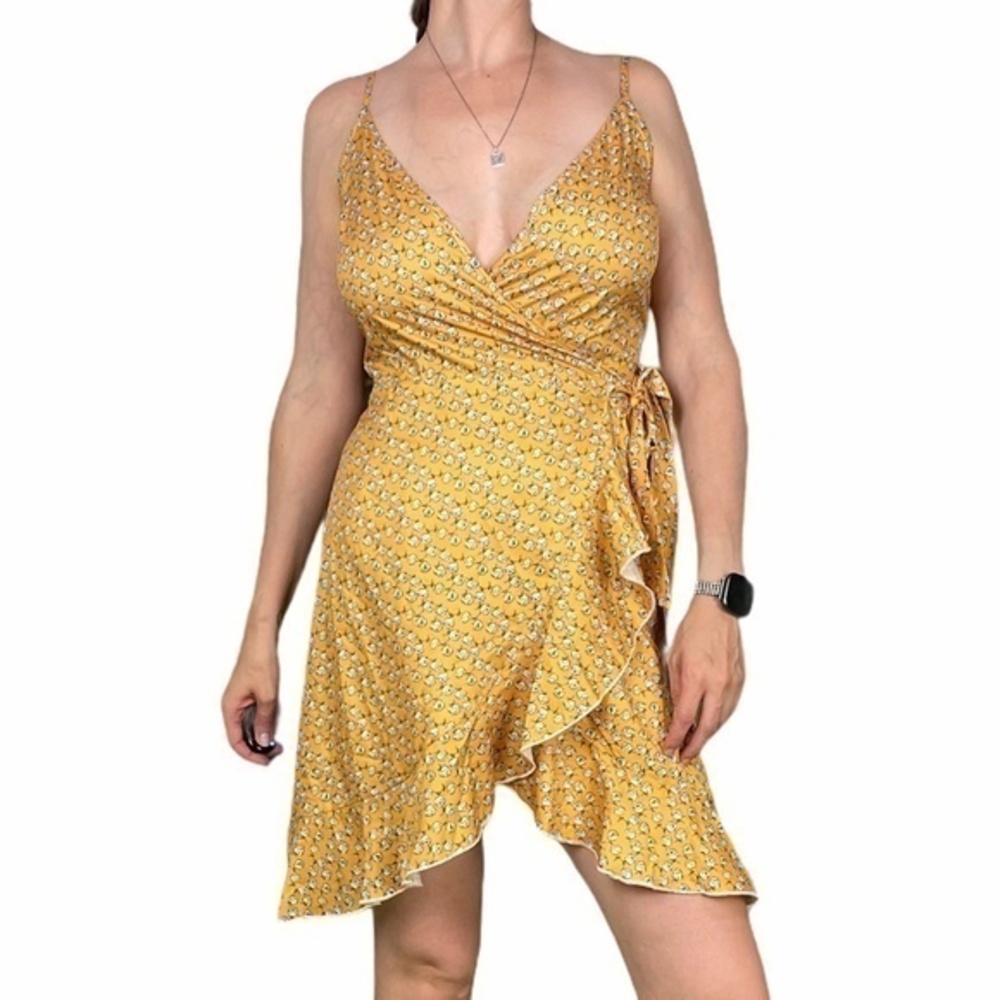 YOKODEA Yellow Ditsy Floral Ruffle Wrap Dress S